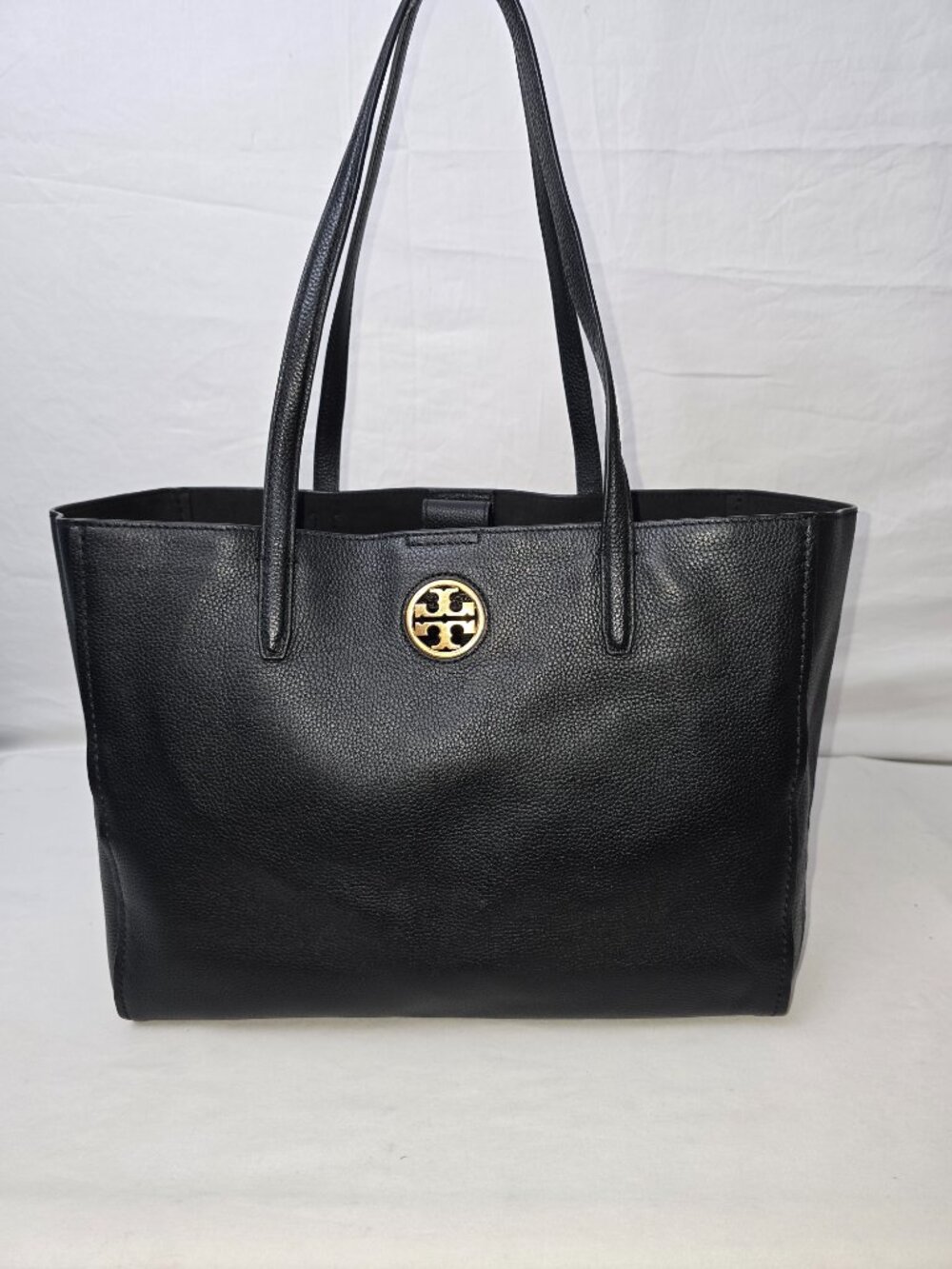 Tory Burch Carson Black Pebbled Leather Tote Bag With Gold Logo 14" X 11" X 6"